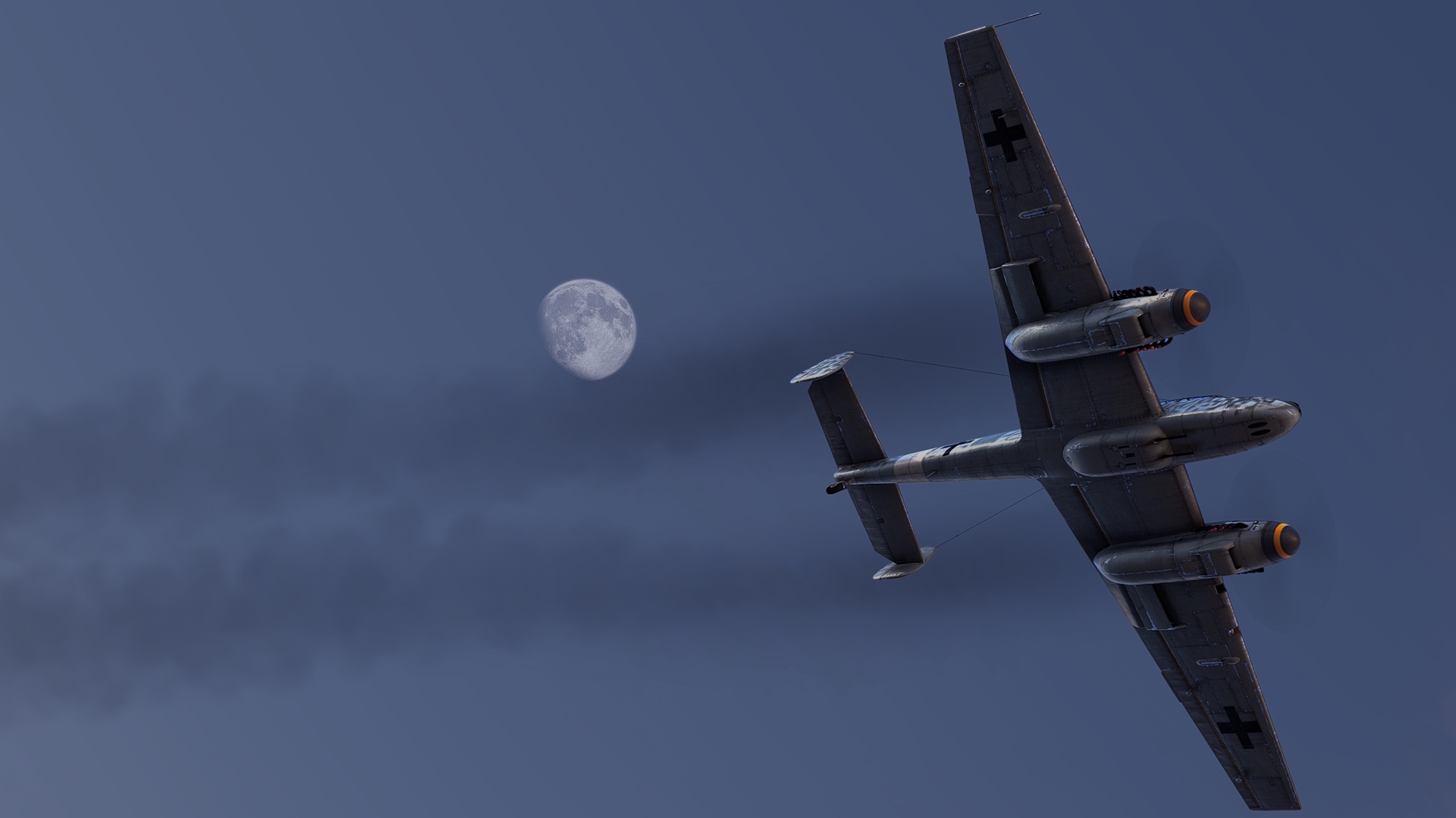 Judging by the black smoke, this Bf 110 has overheated its engines and won’t get far.